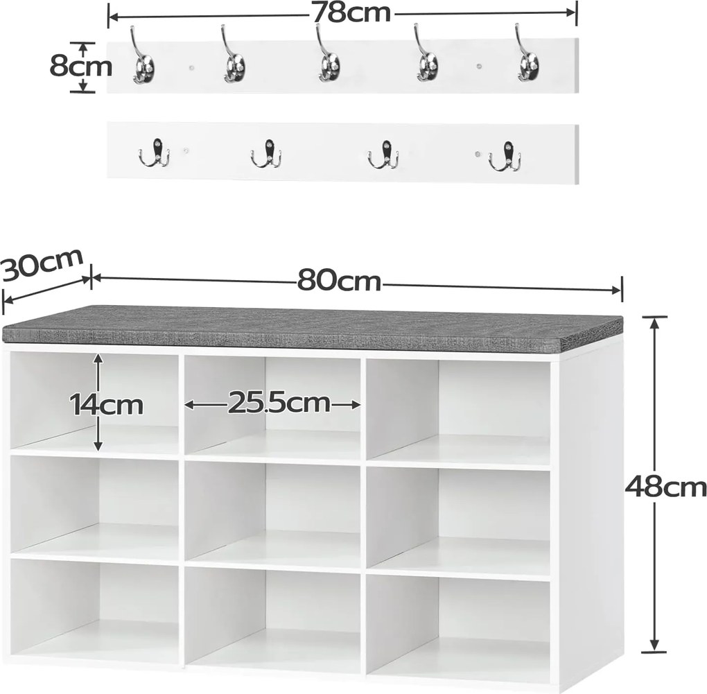 Predsieňový vešiak s botníkom a sedadlom Vasagle Jungo 80 cm biely/sivý