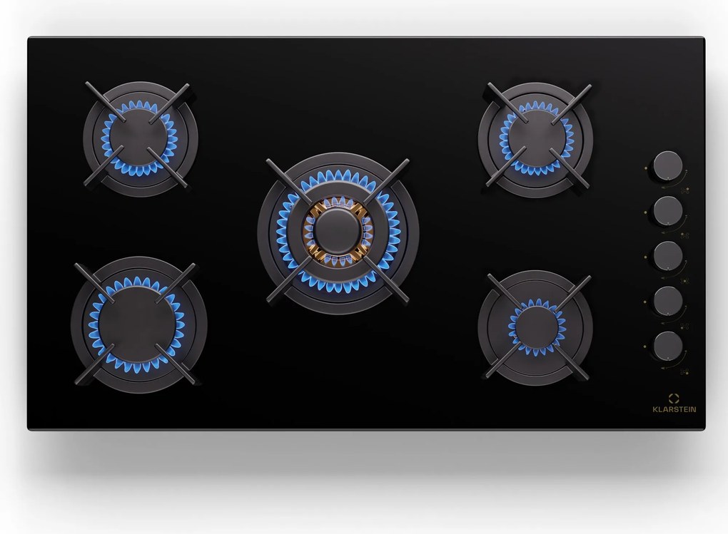 Klarstein Goldflame 5, plynová varná doska, sebestačná, 5 horákov, bočné ovládanie, plyn/propán, sklokeramika, čierna