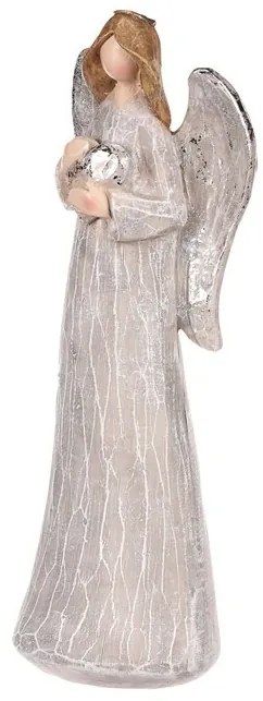 Dekorácia Anjel so striebornými krídlami a srdcom, polyresin, sivá