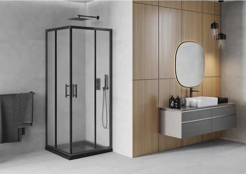 Mexen Rio, štvorcový sprchovací kút s posuvnými dverami 70(dvere) x 70(dvere) x 190 cm, 6mm sklo námraza, čierny profil + čierna sprchová vanička SLIM, 860-070-070-70-30-4070B