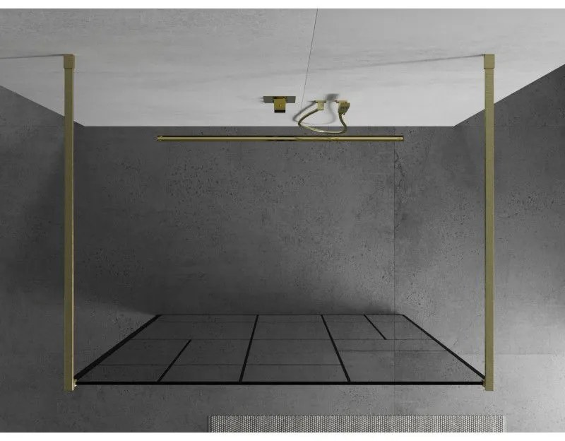 Mexen Kioto, sprchová zástena Walk-In 100 x 200 cm, 8mm sklo čierny vzor, zlatý matný profil, 800-100-002-55-78