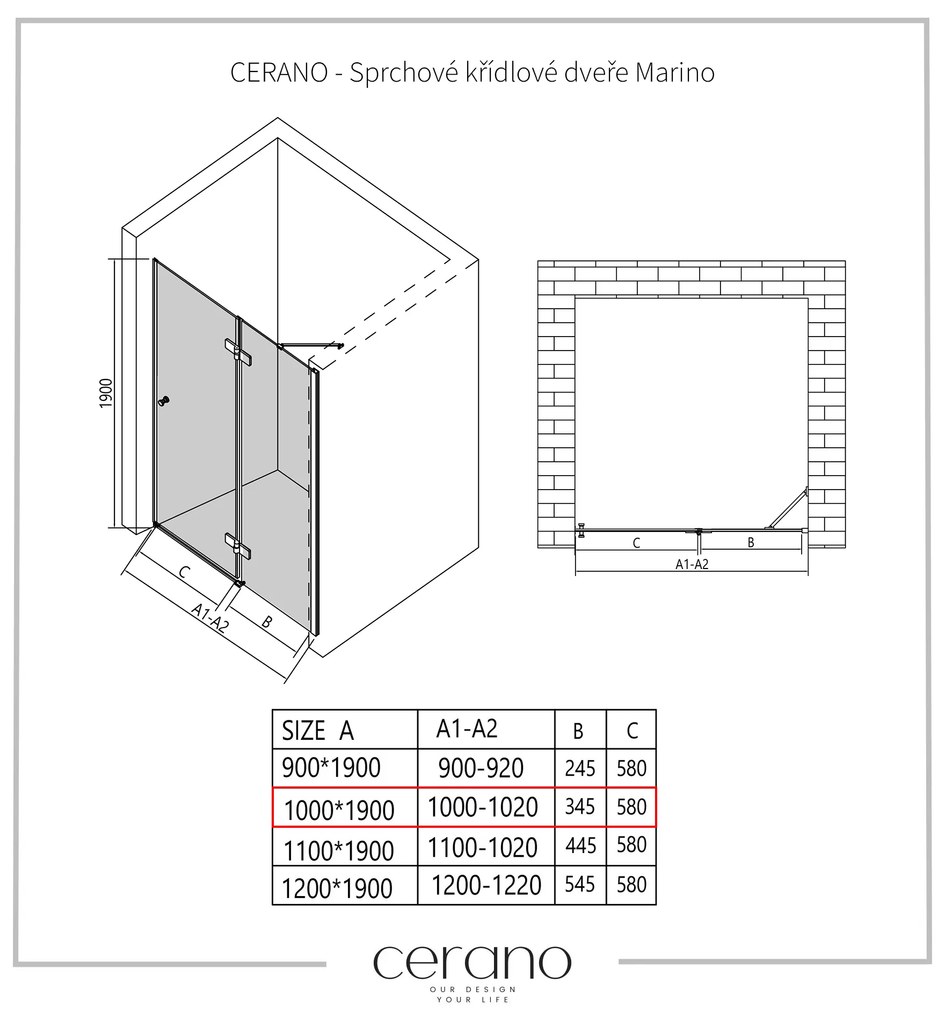 Cerano Marino, 1-krídlové delené sprchové dvere 100x190 cm, 6mm číre sklo, chrómový profil, CER-CER-420201