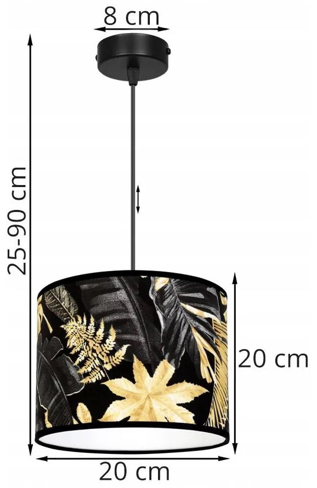 Závesné svietidlo Gold Flowers, 1x čierne textilné tienidlo s kvetinovým vzorom