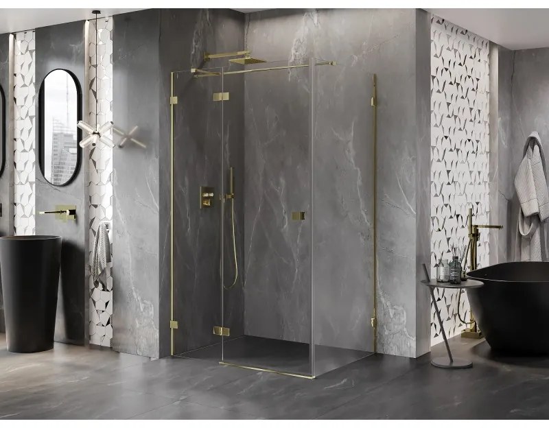 Mexen Lunar T, sklápací sprchový kút ľavý 140 x 80 cm, 8mm číre sklo, zlatý profil, 834T-140-080-50-00-L