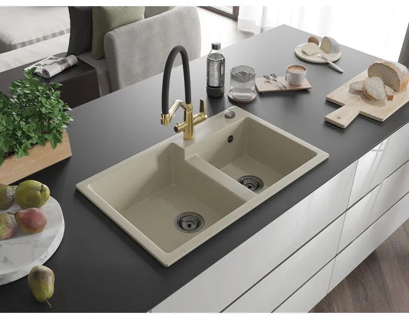 Mexen Tomas, 2-komorový granitový drez 800x500x190 mm a kuchynská batéria Duo, béžová, 6516-69-671701-57-B