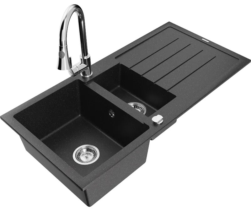 Mexen Andres, 1,5-komorový granitový drez 1000x500x200 mm a drezová batéria Elia, čierna-strieborná metalíza, 6515-73-670101-00
