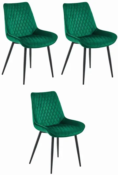 Set troch jedálenských stoličiek VERDO zamatové tmavozelené / čierne nohy (3 ks)