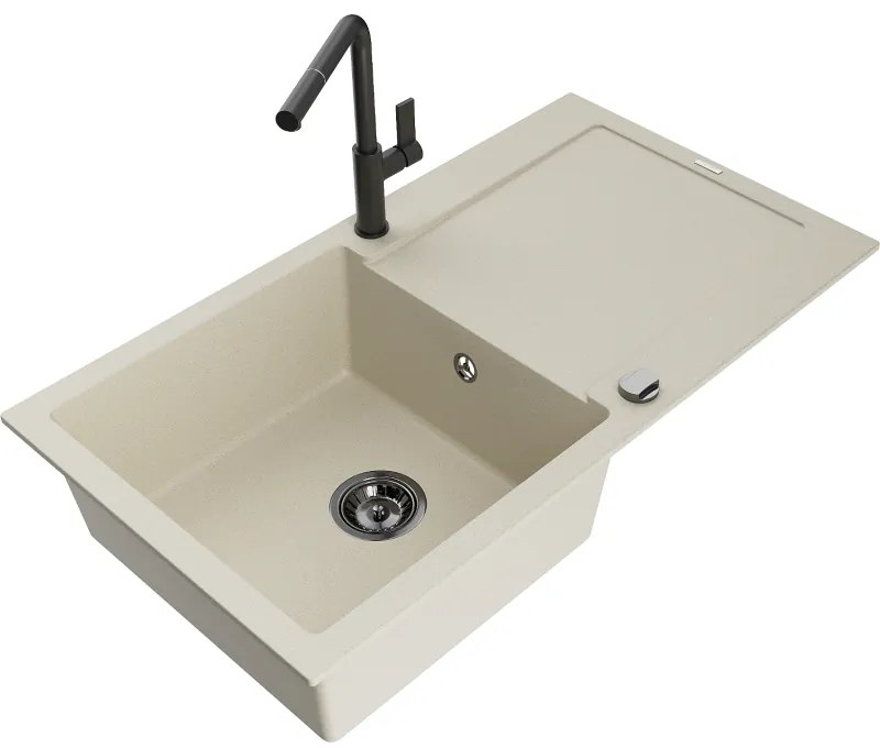 Mexen Leo, 1-komorový granitový drez 900x500x190 mm a drezová batéria Flora, béžová, 6501-69-670401-70-B