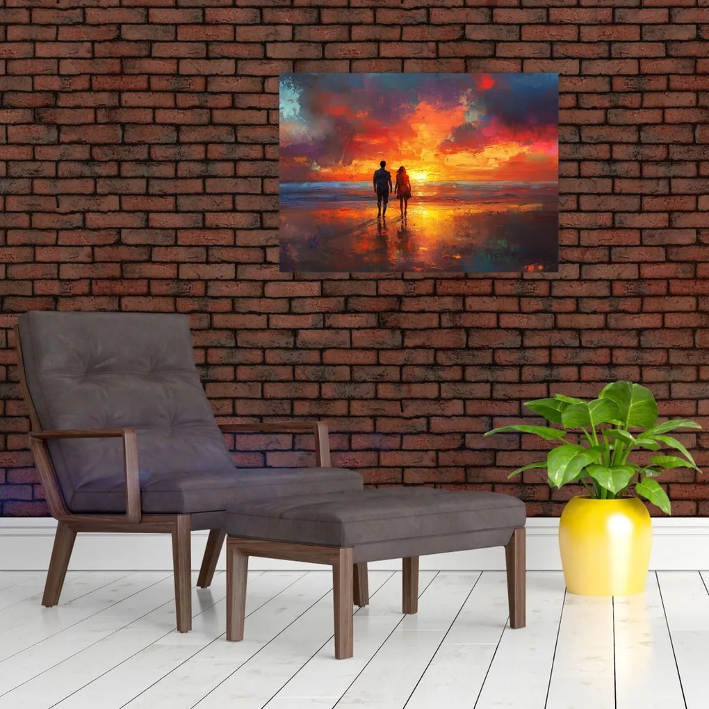 Sklenený obraz - Prechádzka na pláži (70x50 cm)