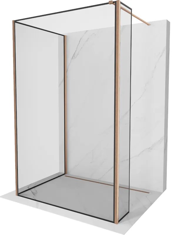 Mexen Kioto, 3-stenová sprchová zástena Walk-In 110 x 80 x 30 cm, 8mm číre sklo čierny vzor, medený matný profil, 800-110-080-221-65-70-030