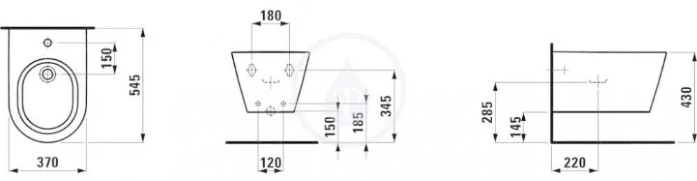 LAUFEN Kartell Závesný bidet, 545 mm x 370 mm biela – s 1 otvorom na batériu uprostred, bez bočných otvorov na prívod vody vľavo a vpravo, s LCC H8303314003021