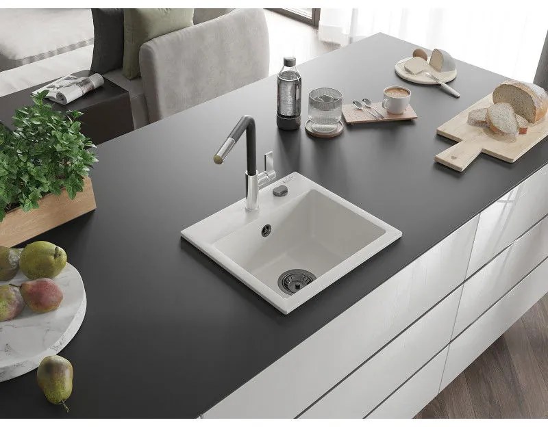 Mexen Milo, 1-komorový granitový drez 435x410x171 mm a drezová batéria Flora, biela, 6505-20-670401-07-B