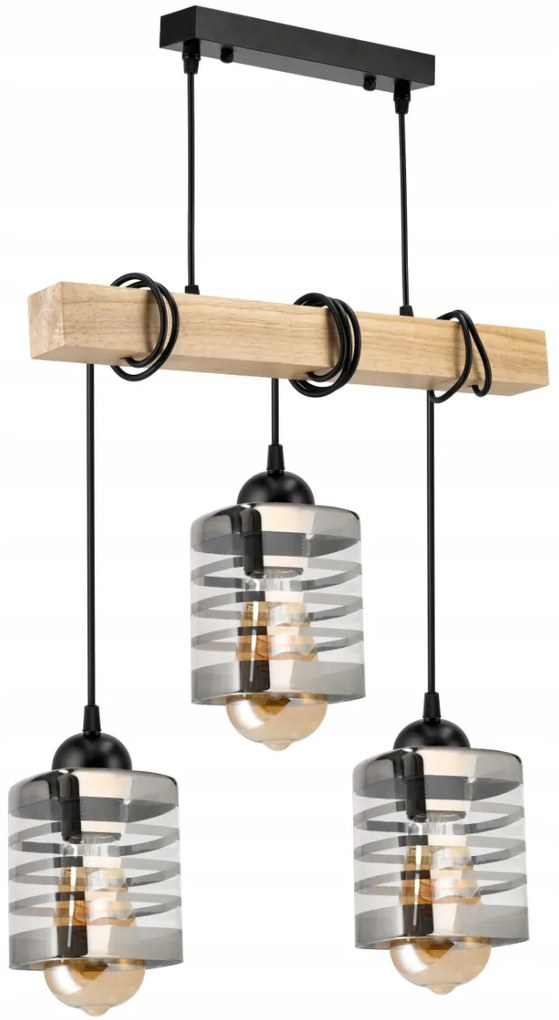 BERGE Závesné stropné svietidlo LED drevený trámový 3xE27 loft sklenené pásy