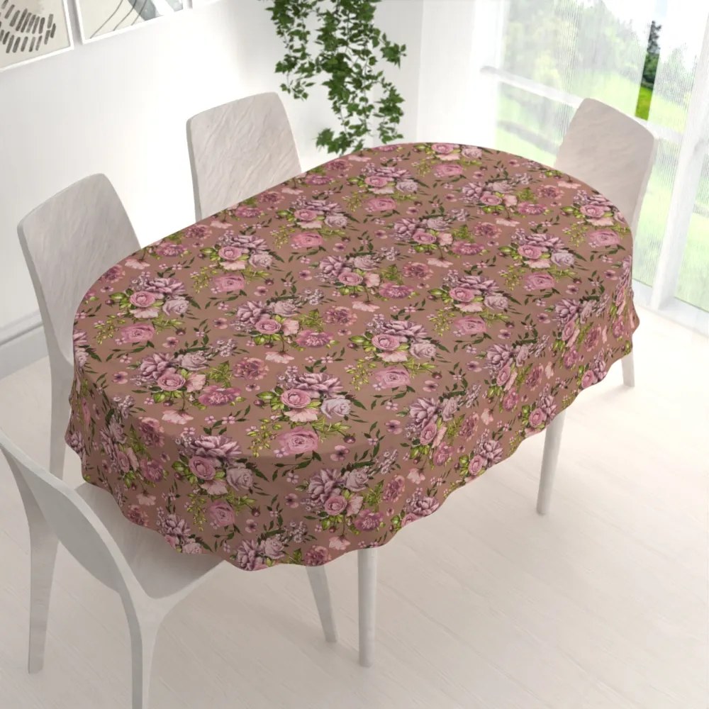 Biante Bavlnený oválny obrus Sandra SA-554 Ruže a hortenzie na hnedom 140x220 cm