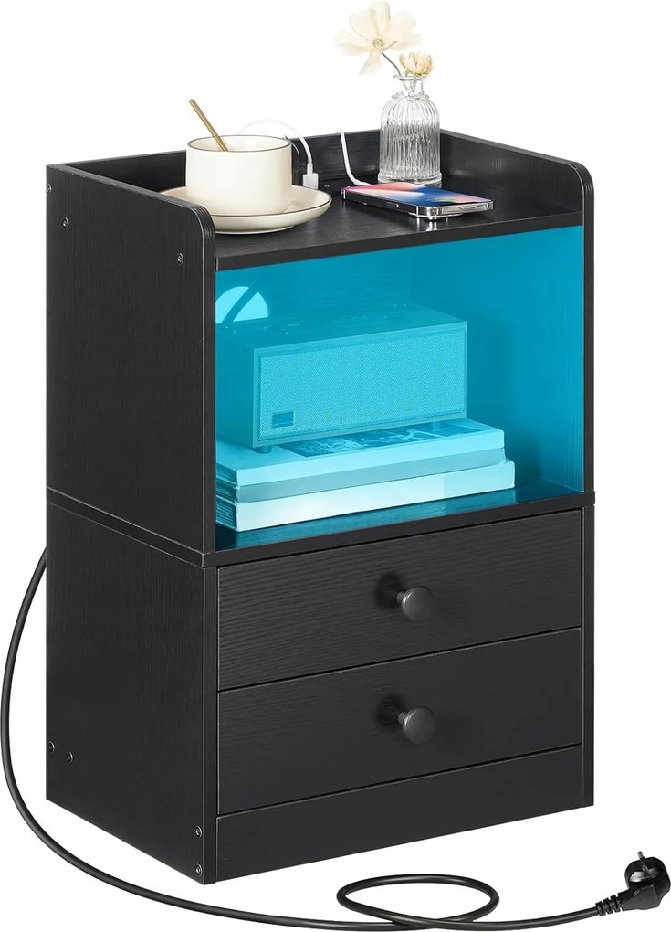 Noční stolek Silven 38 cm s LED osvětlením a nabíjecí stanicí černý