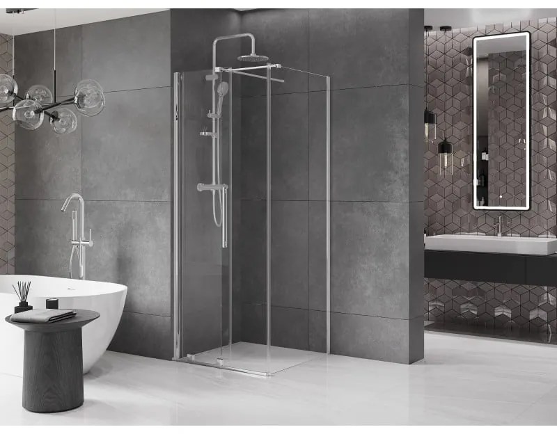 Mexen Velar, sprchový kút s posuvnými dverami 110(dvere) x 110(stena) cm, 8mm číre sklo, chrómový profil, 871-110-110-01-01