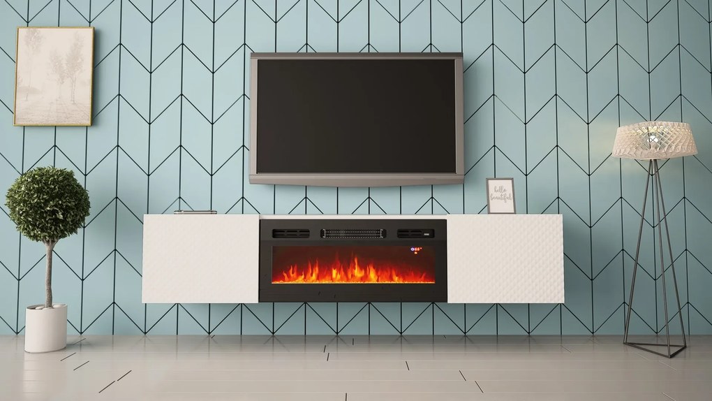 Luxusný TV stolík SANDRA závesná biela s elektrickým krbom