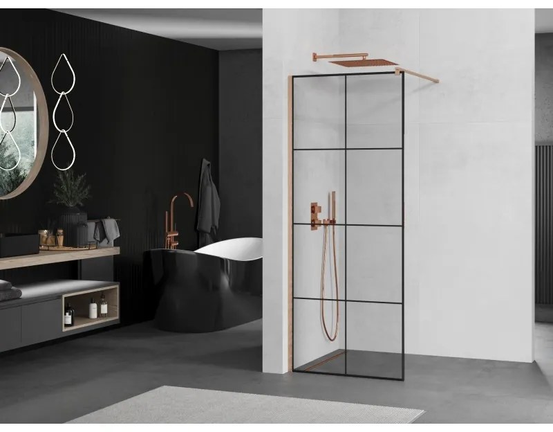 Mexen Kioto, sprchová zástena Walk-In 80 x 200 cm, 8mm číre sklo čierny vzor, medený matný profil, 800-080-101-65-77