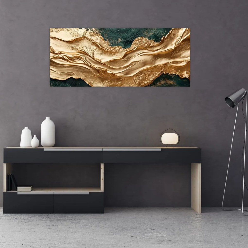 Obraz - Zelená abstrakcia so zlatom II. (120x50 cm)