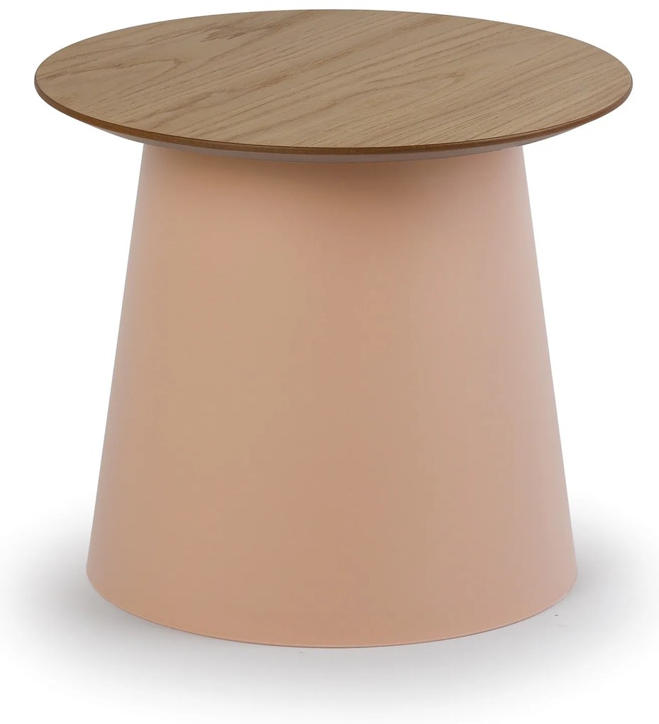 Plastový kávový stolík SETA s drevenou doskou, priemer 49 cm, dub/tehlová