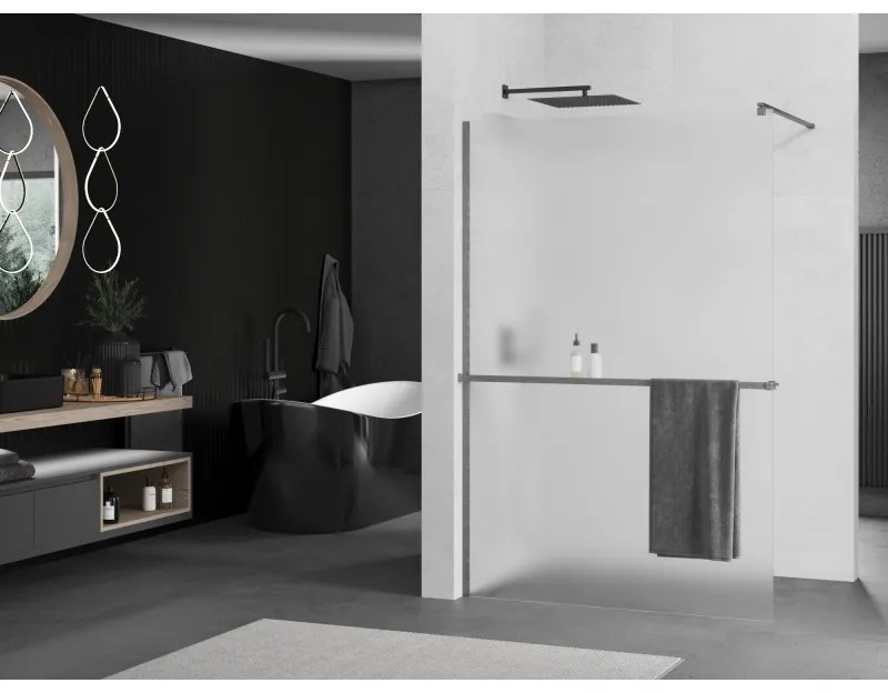 Mexen Kioto+, sprchová zástena Walk-In s poličkou a vešiakom 130 x 200 cm, 8mm sklo námraza, grafitový profil, 800-130-121-66-30