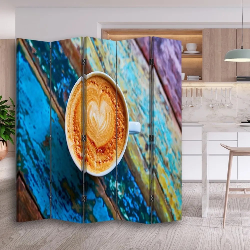 Ozdobný paraván Šálky na kávu Retro Wood - 180x170 cm, päťdielny, obojstranný paraván 360°