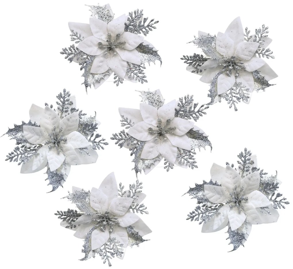Vianočná dekorácia Poinsettia so štipcom strieborná, sada 6 ks