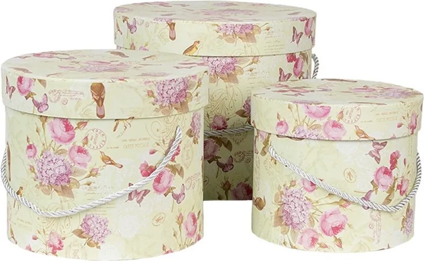 3ks zelený okrúhly box s ružovými kvetmi - Ø 23*20 / Ø 20*17 / Ø 17*14 cm