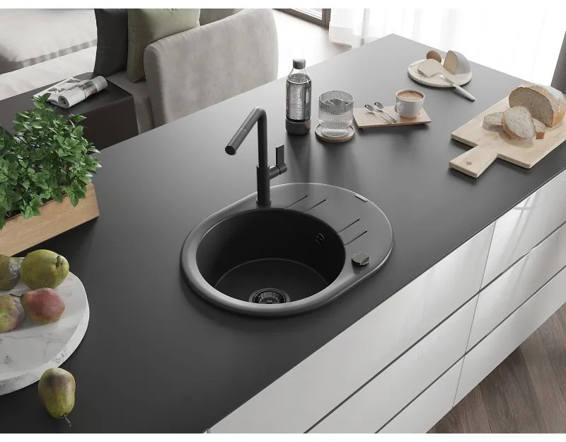 Mexen Kevin, 1-komorový granitový drez 586x458x190 mm a drezová batéria Flora, čierna, 6517-77-670401-70-B