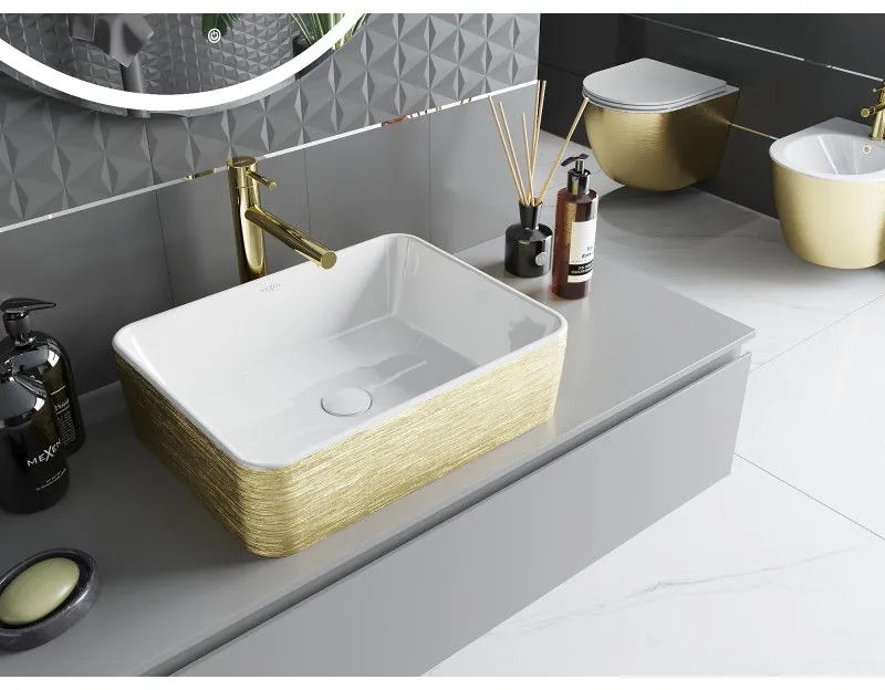 Mexen Catia, umývadlo na dosku 48x37x14 cm, biela lesklá-zlatý vzor, 21314817