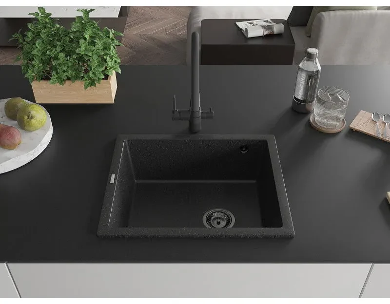 Mexen Pedro, granitový drez 560x460x200 mm, 1-komorový, čierna-strieborná metalíza s čiernym sifónom, 6508561000-73-B
