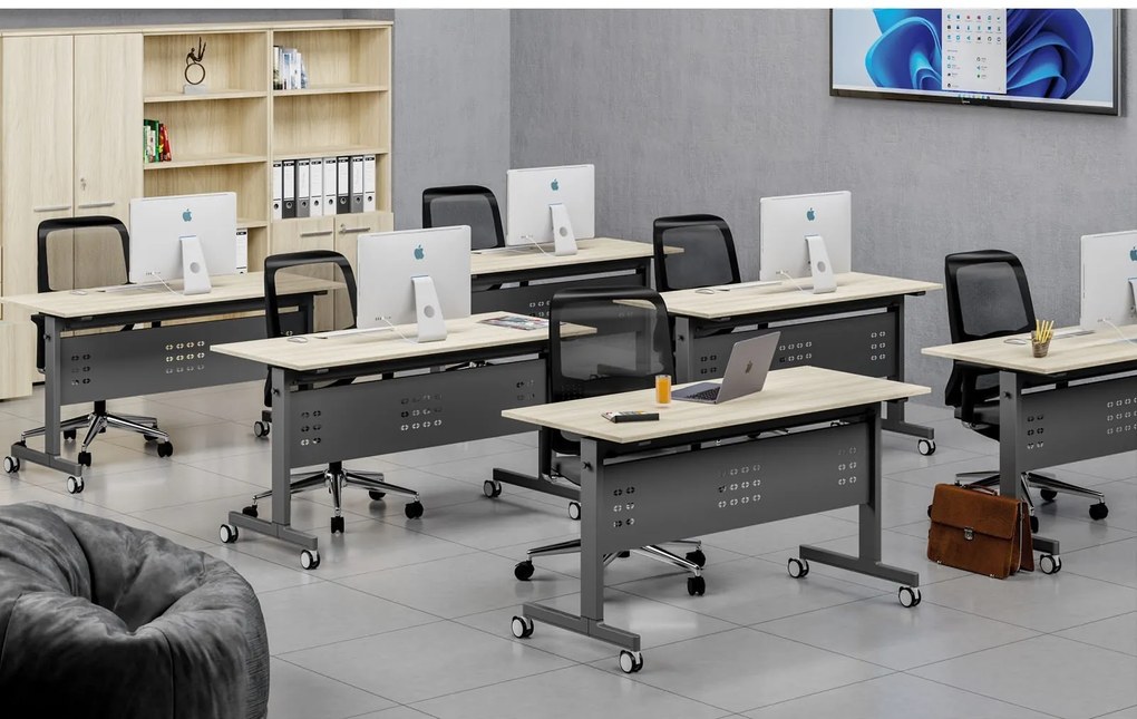 Mobilný stôl PRIMO MOBI, 140x60 cm, biela podnož, orech