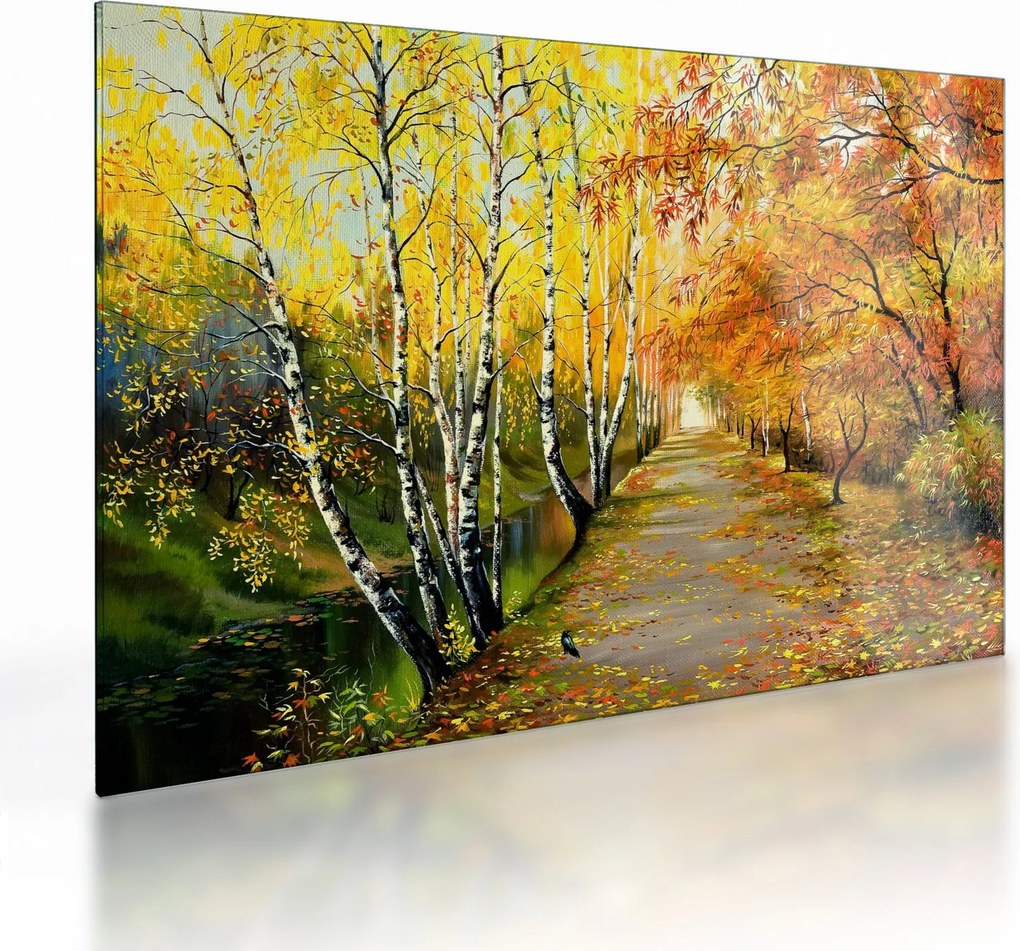 Sklenený obraz - Romantická alej pozdĺž vody, olejomaľba (70x50 cm)