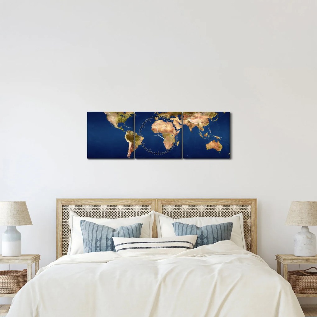Obraz - Mapa sveta (s hodinami) (90x30 cm)