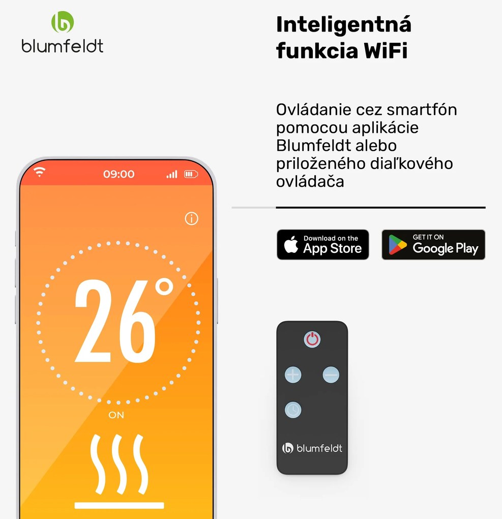 Blumfeldt Gold Bar Slim 2000 W sálavý ohrievač, 9 úrovní, funkcia WiFi, dotykové ovládanie, diaľkový ovládač, IP 65