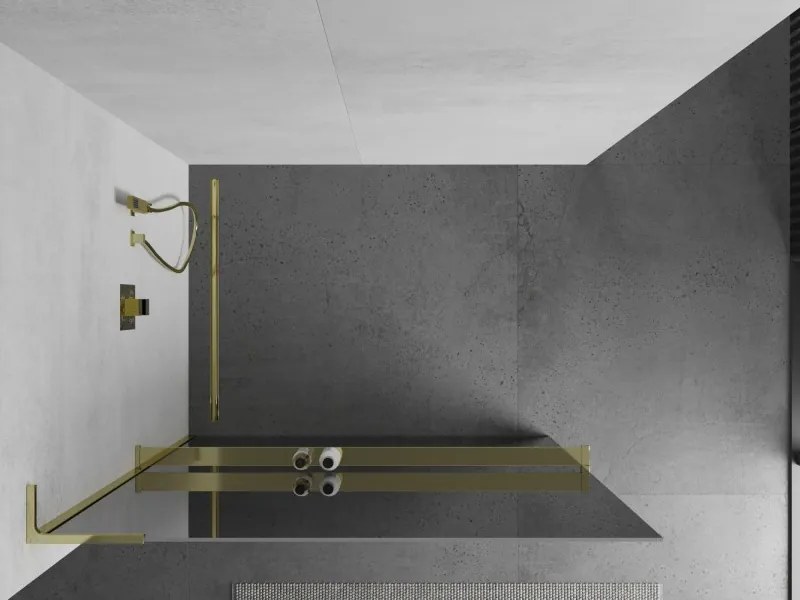 Mexen Kioto+ L, sprchová zástena Walk-In s poličkou a vešiakom 80 x 200 cm, 8mm sklo vzor zrkadlo, zlatý lesklý profil,800-080-123-50-50