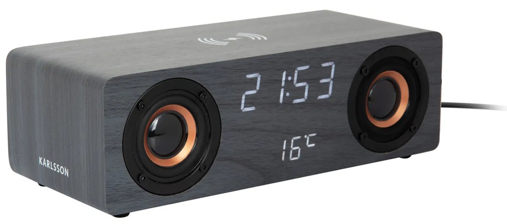 Budík, rádio a nabíjačka telefónu Karlsson KA6059BK, 25cm