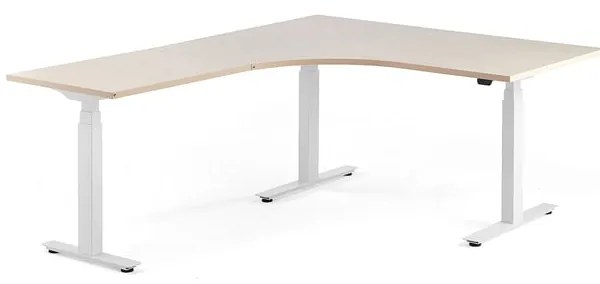 Výškovo nastaviteľný rohový stôl MODULUS, 1600x2000 mm, biela, breza