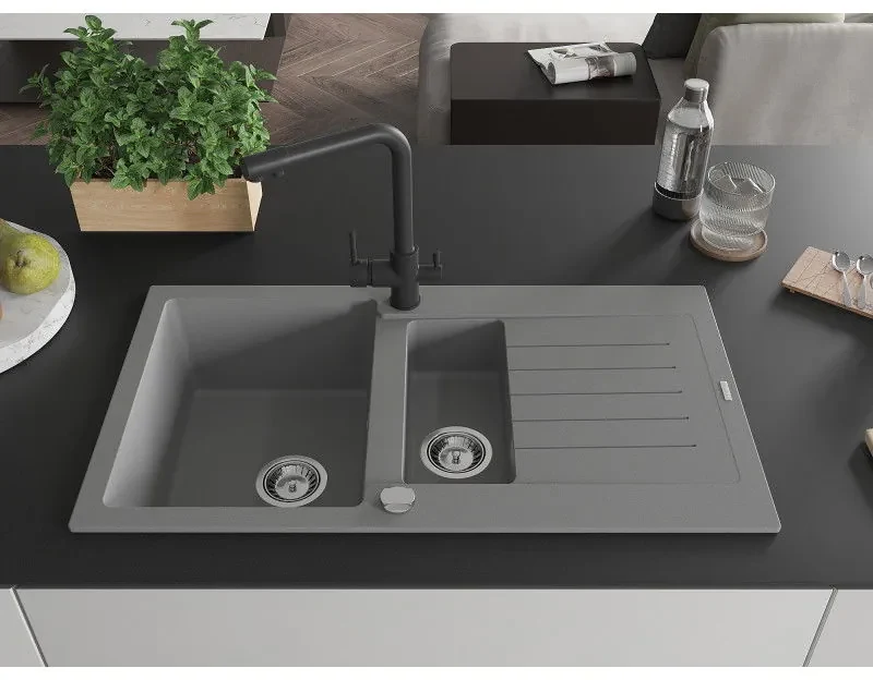 Mexen Matias, granitový drez 900x505x200 mm, 1,5-komorový a čierna batéria Duero, šedá, 6502-71-671600-70