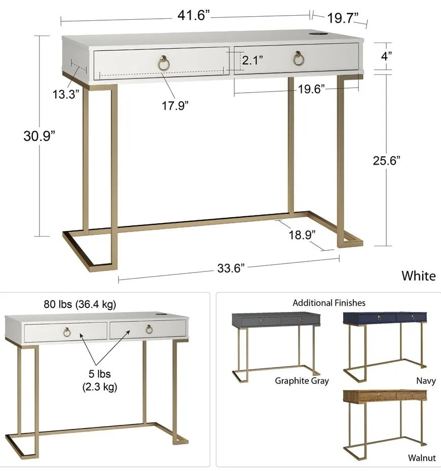 Biely pracovný stôl CosmoLiving by Cosmopolitan Camila