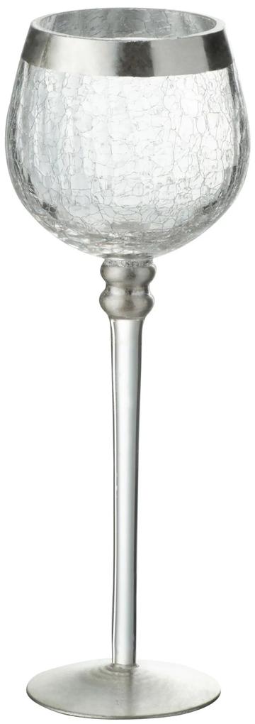 Stredne veľký sklenený transparentný svietnik na nožičke na čajovú sviečku so strieborným zdobením - Ø 9 * 25 cm