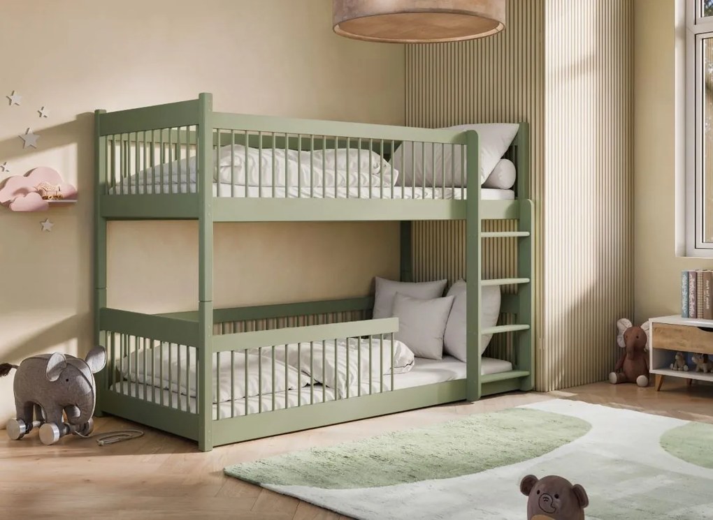 Detská poschodová posteľ s Montessori lôžkom z masívu borovice BOLEK - 200x90 cm - OLIVOVO ZELENÁ