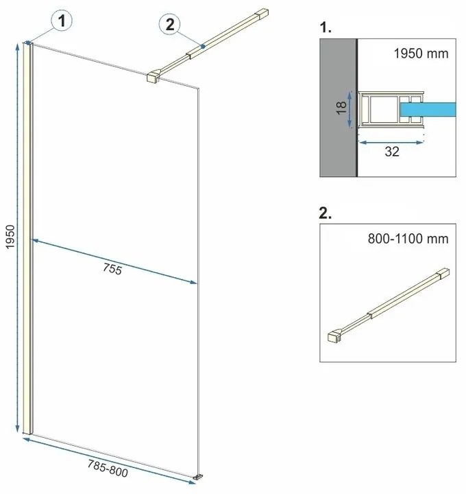 Rea Aero, sprchová zástena typu Walk-In 80cm, 8mm číre sklo, zlatý lesklý profil + polička a vešiak EVO, KPL-K8439