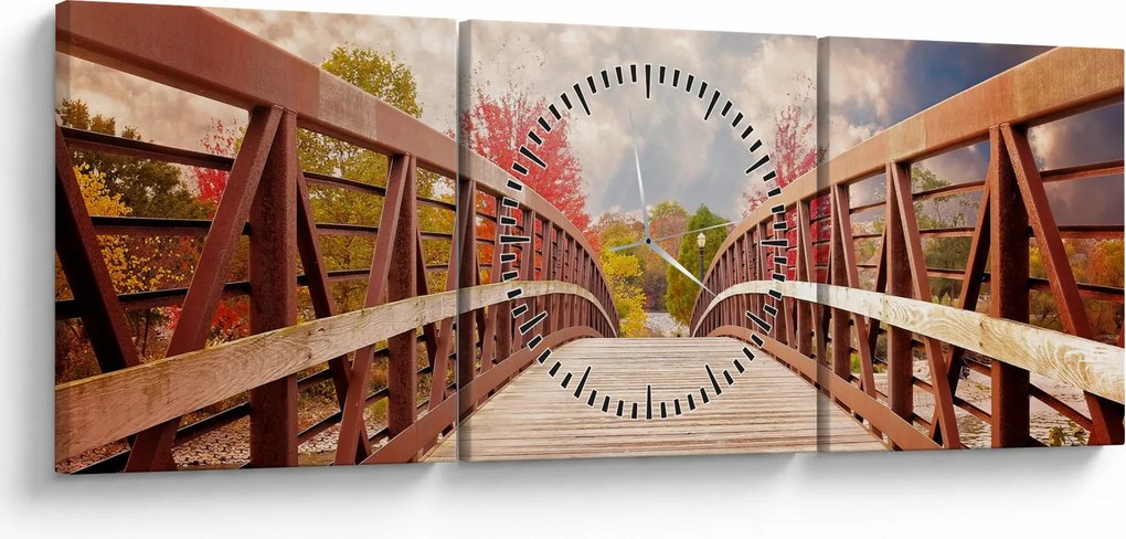 Obraz - drevený most (s hodinami) (90x30 cm)