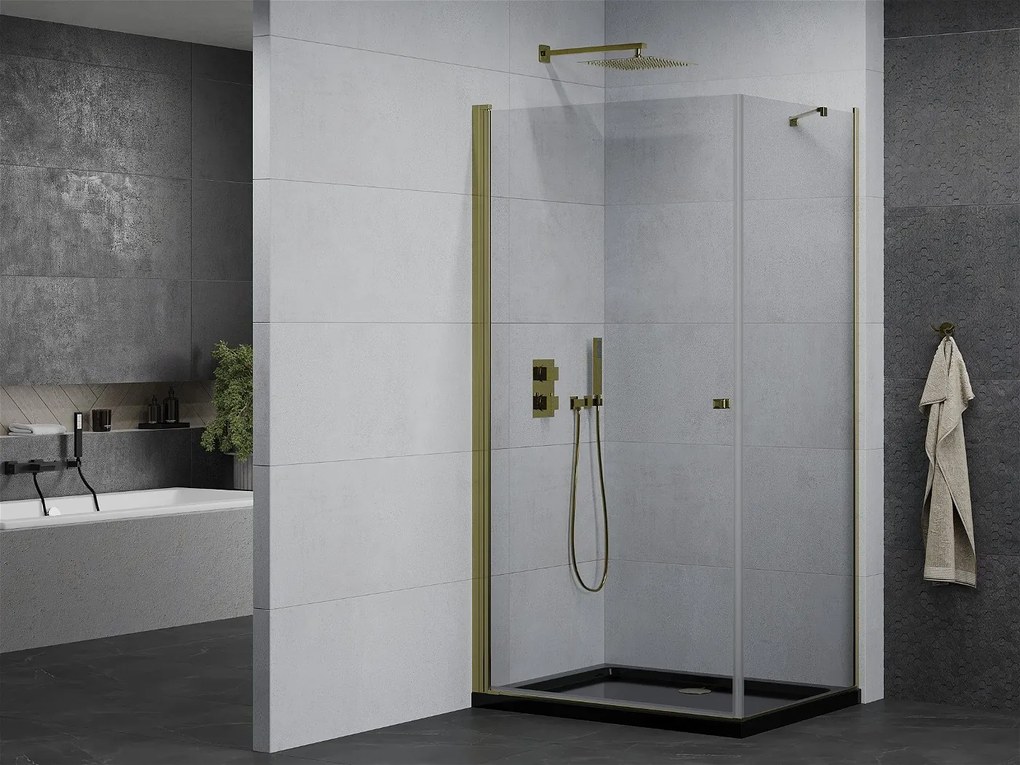 Mexen Pretoria, sprchovací kút 100 (dvere) x 70 (stena) cm, 6mm číre sklo, zlatý profil + čierna sprchová vanička, 852-100-070-50-00-4070G
