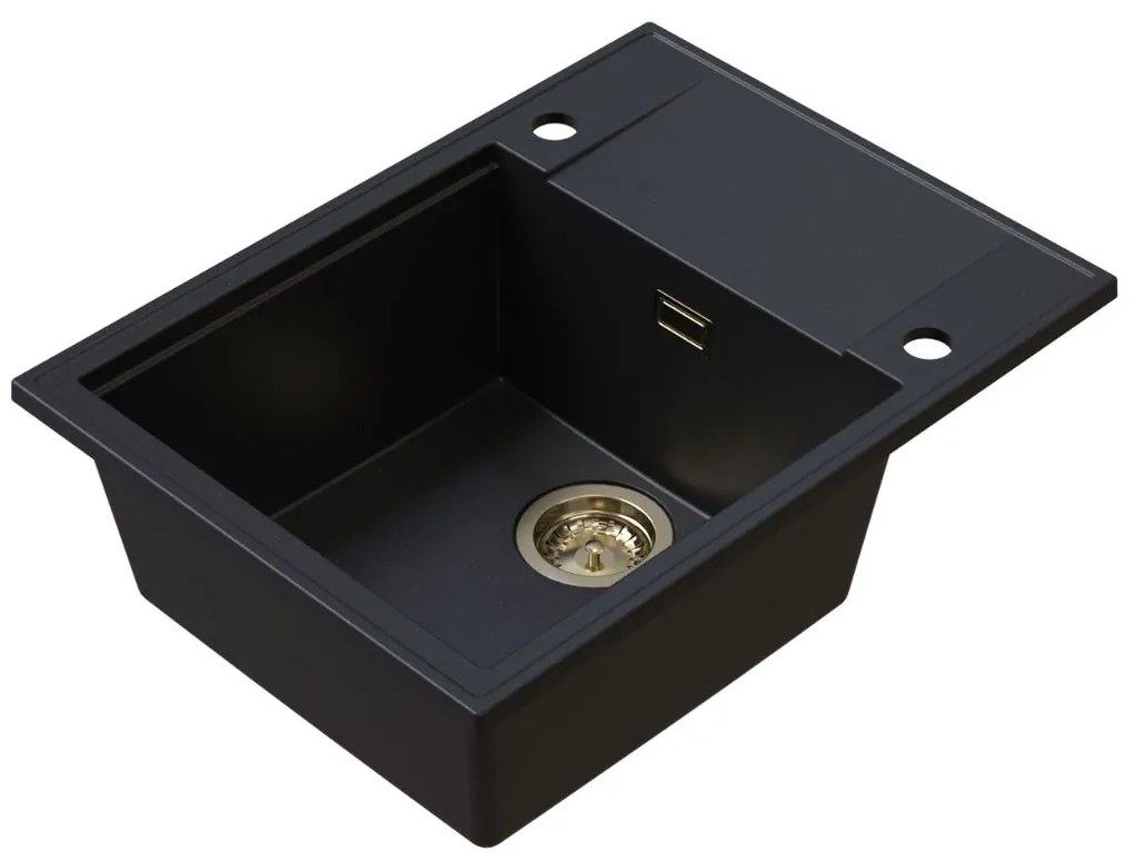 Sink Quality Sink55, kuchynský granitový drez 620x460x215 mm + zlatý sifón, čierna so zlatými bodmi, SKQ-SINK.L.1KKO.XG