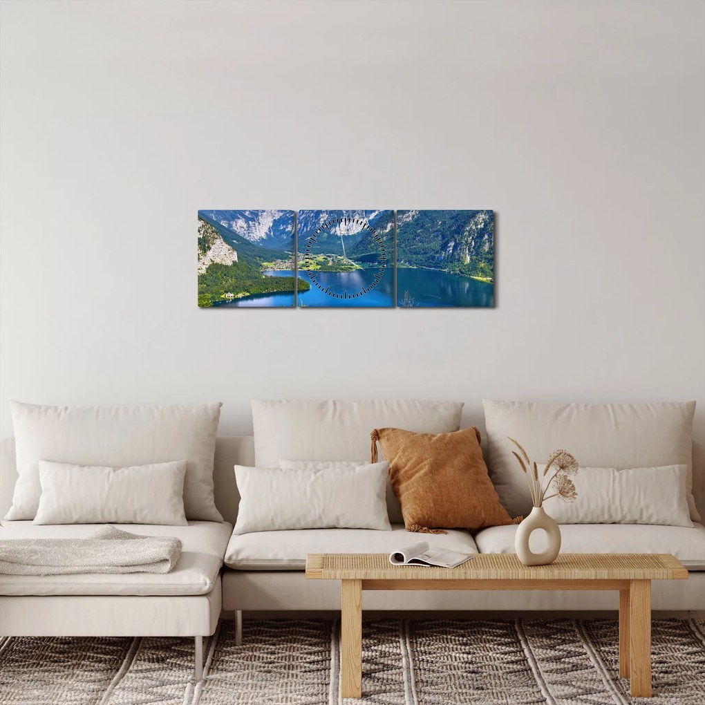 Obraz - Halštatské jazero, Hallstatt, Rakúsko (s hodinami) (90x30 cm)