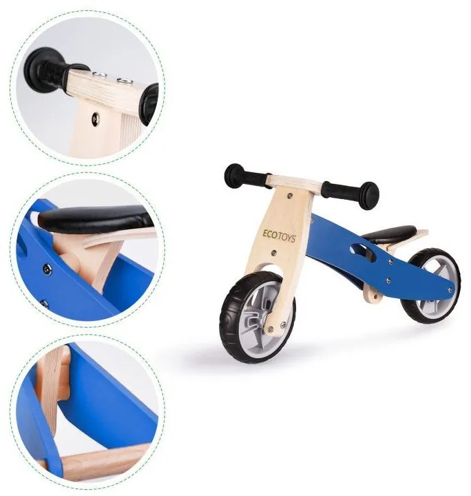 Ecotoys Drevená trojkolka Rider 2v1 hnedo-modrá, YM-BB-01 BLUE