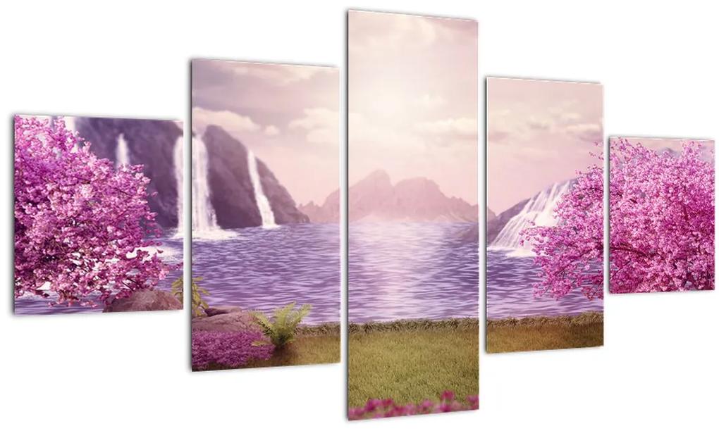 Obraz ružových stromov s jazerom (125x70 cm), 40 ďalších rozmerov