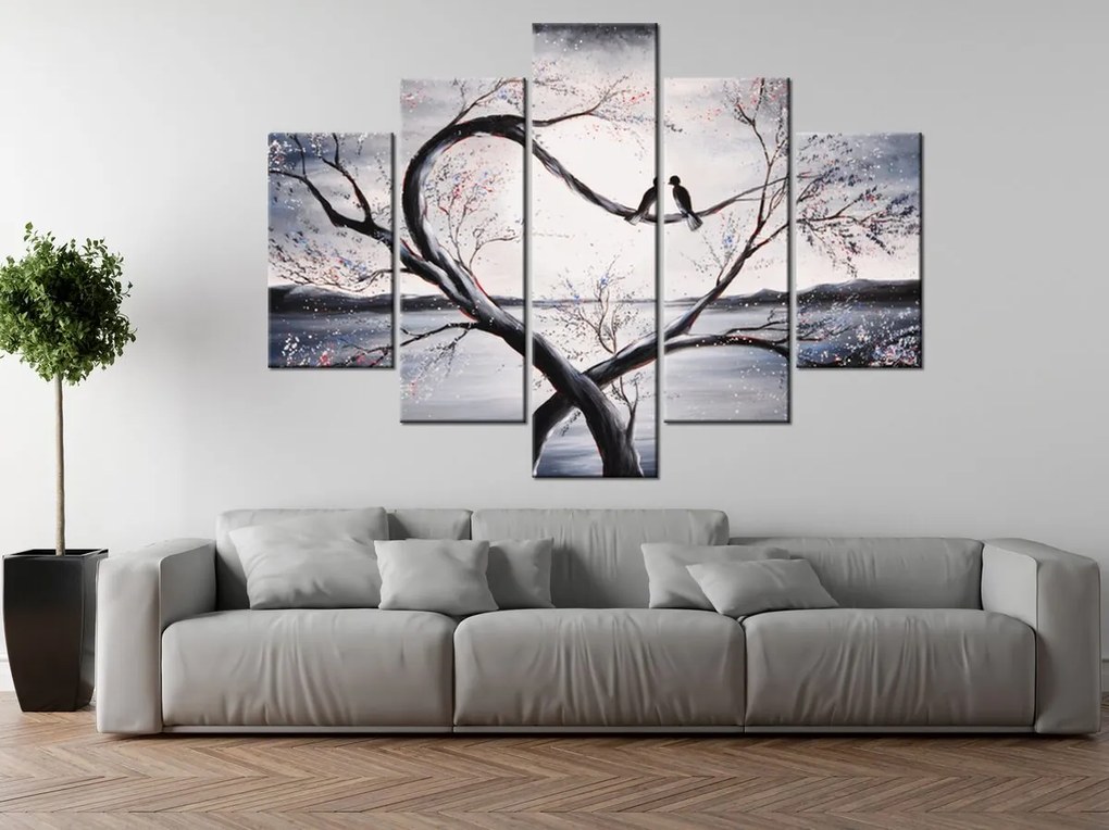 Gario Ručne maľovaný obraz Vtáčia láska na konári - 5 dielny Rozmery: 150 x 70 cm